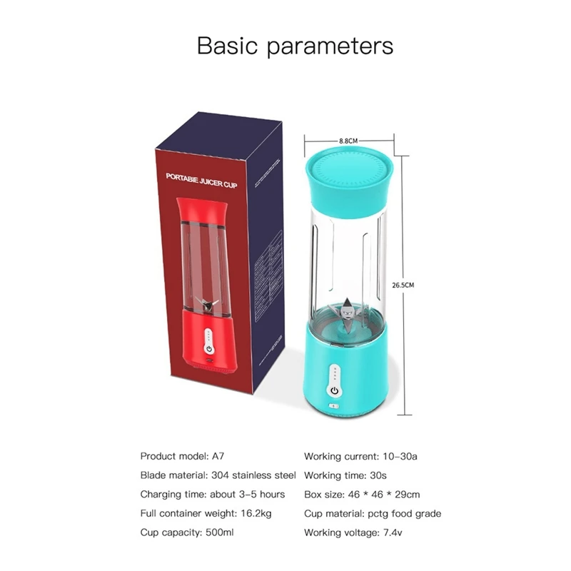 Portable Electric Blender Mini Handheld Fruit Mixer With 6 Blades Personal USB Rechargeable Juices Cup 500ML