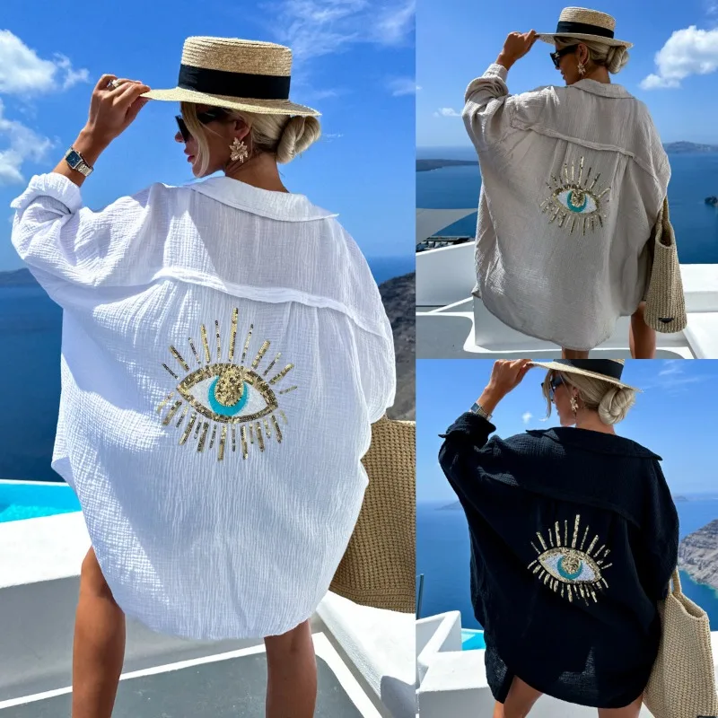 

Женская блузка весна-лето с V-образным вырезом, карманами, пайетками, свободного кроя, с длинными рукавами, новая, минималистичная, модная, универсальная