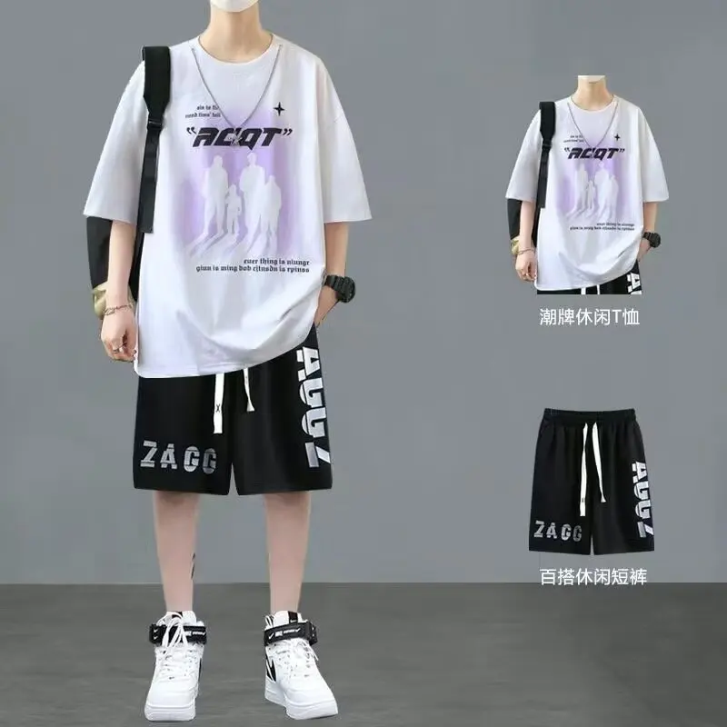 

Shorts Men Suit Summer Joggers Set Korean Fashion Graphic T-shirt Multi-pocket Cargo Pants 2 Piece Set Men Tracksuits 2025 New