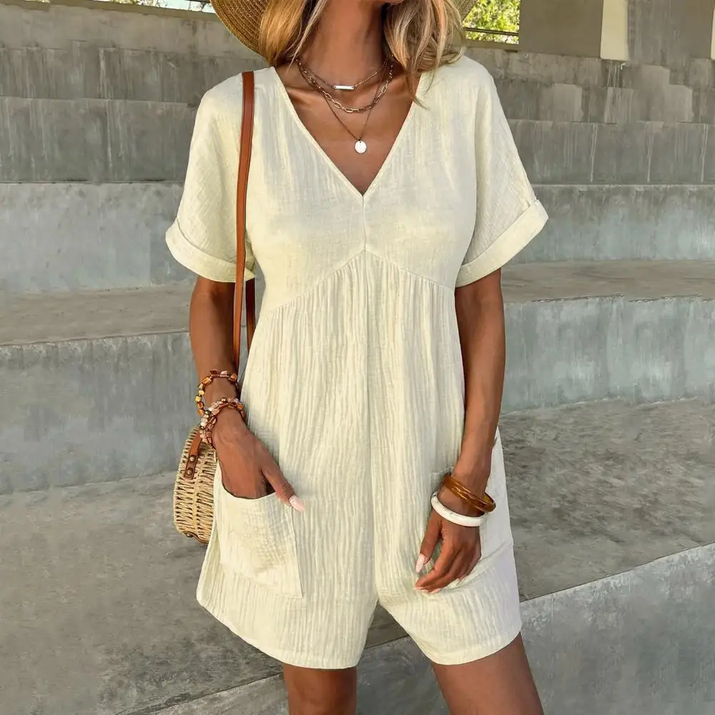 

Summer Women Romper Short Bat Sleeves Pleated Patchwork Pockets Outfit Loose Deep Crotch Pullover Casual Beach Romper 복장