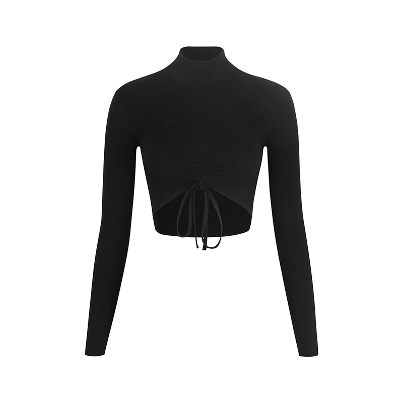 New Latin Dance Clothes Adult High Collar Long Sleeves Short Tops Drawstring Navel Top Rumba Practice Training Wear