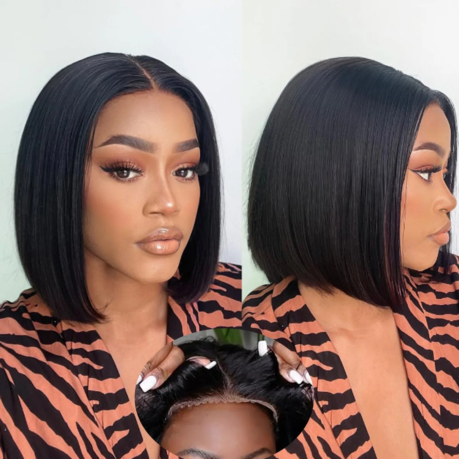 

Short Bob Black Bone Straight Glueless Pre Cut Pre Plucked Human Hair Wigs Ready to Wear and Go 5x5 HD Closure Frontal Lace Wig