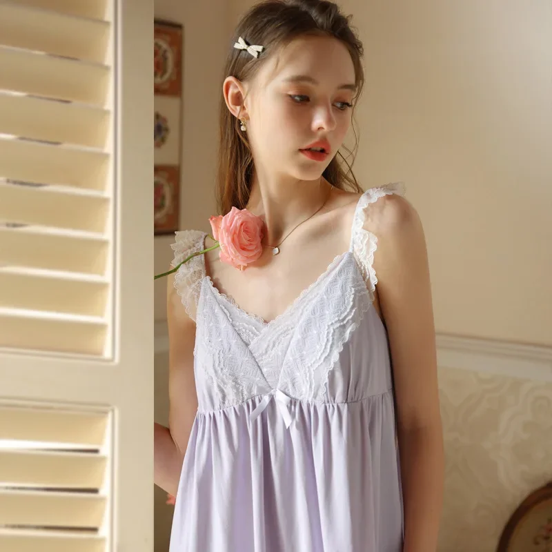 Lace V-neck With Bra Pads Cotton Sleepwear For Women Elegant Princess  Summer  Loose Home Dress  High Quality French Victorian - view 3