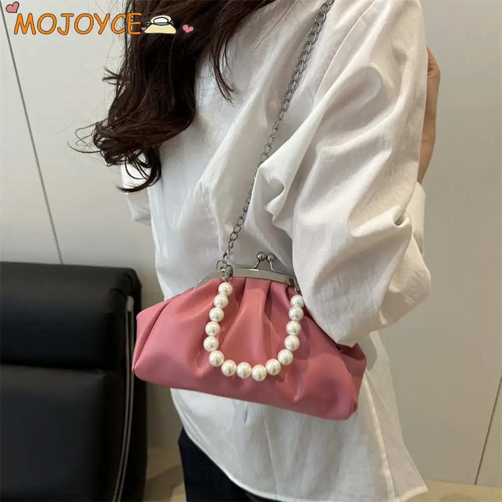 

Lady's Pearl Chain Evening Bag Pleated Clouds Handbag Shell Clip Crossbody Bags Soft Leather Shoulder Bag Luxury Clutch Purse