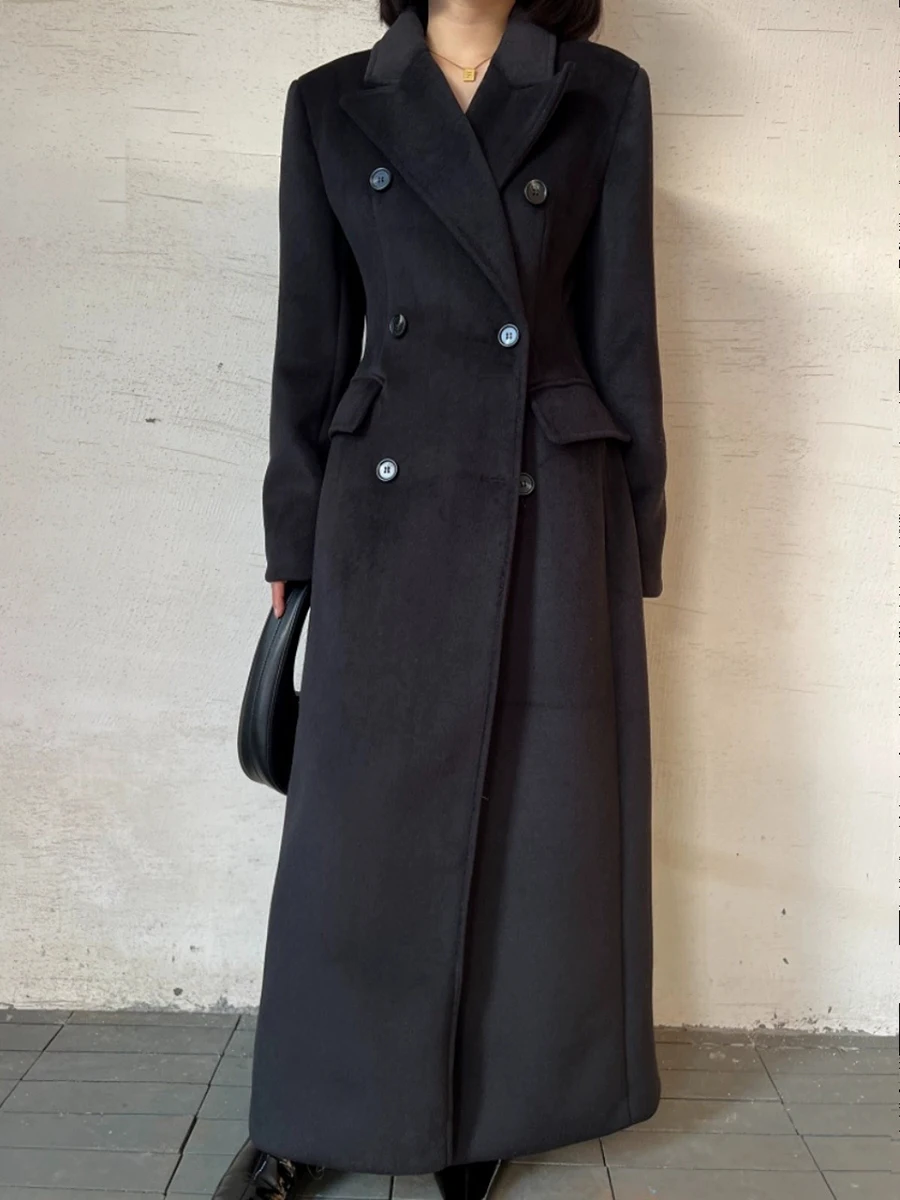 VGH Solido Chic Cappotto di Lana Sottile Per Le Donne Risvolto Manica Lunga Impiombato Doppio Petto Pavimento Lentgh Elegante Giubbotti Donna Inverno Nuovo