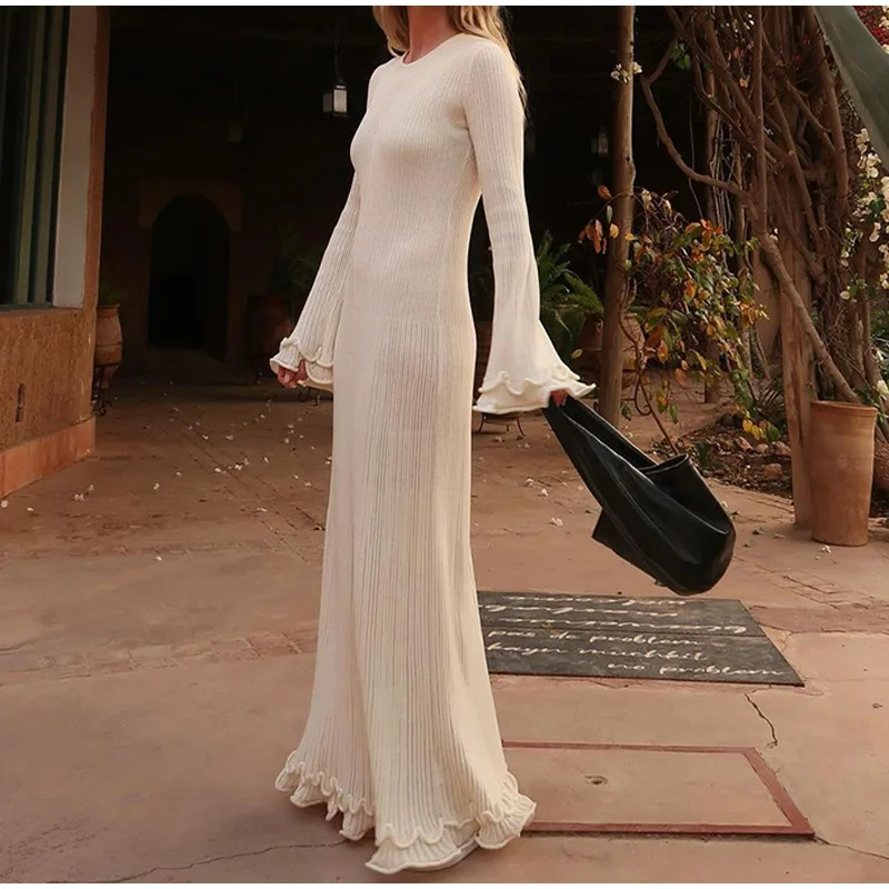 Vestido largo elegante de punto con dobladillo con volantes para mujer, vestido largo blanco con cuello redondo y manga larga acampanada, vestidos ceñidos sin espalda, batas de fiesta de noche