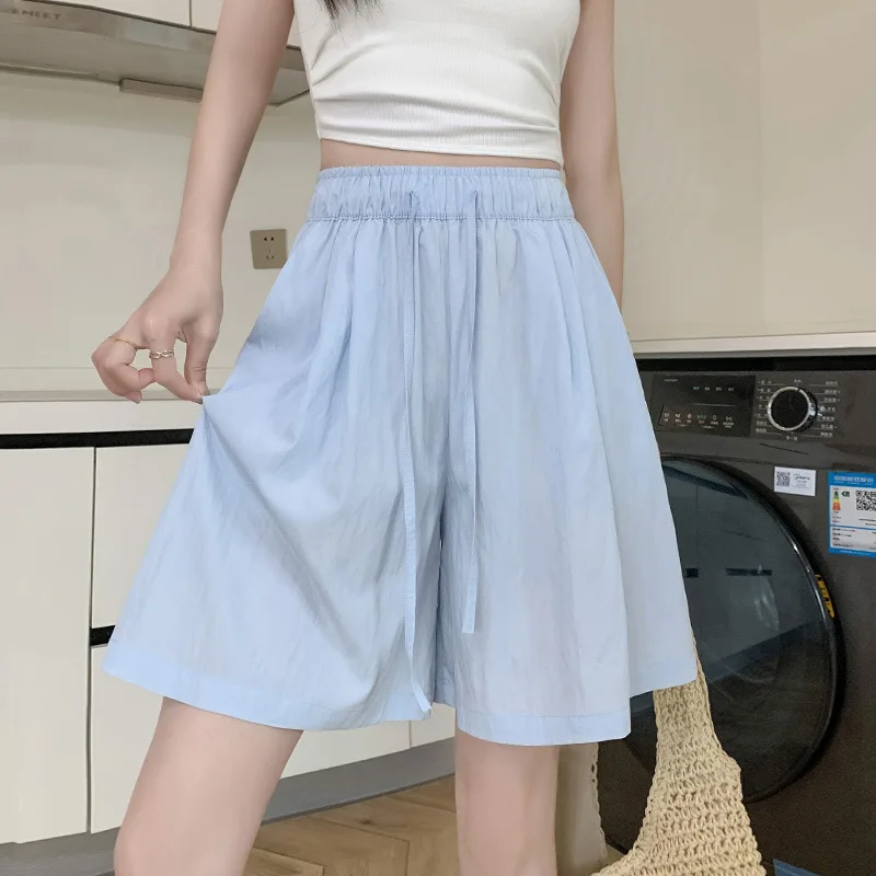 

Синие удобные шорты для отдыха для женщин, новые летние эластичные свободные широкие короткие брюки с высокой талией на шнуровке, новые