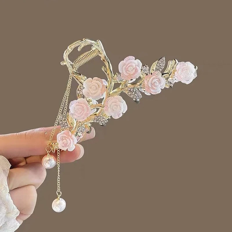 Elegant Rose Pearls Tassel Grabber 4.5Inch Large Size Metal Shark Clip Spring and Summer Super Fairy Women Back Head Headwear