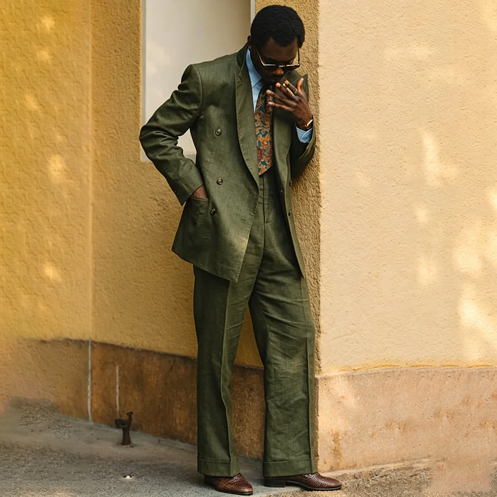Men Formal Wear Wedding Guest - Elegant Men Dark Olive Linen Suit