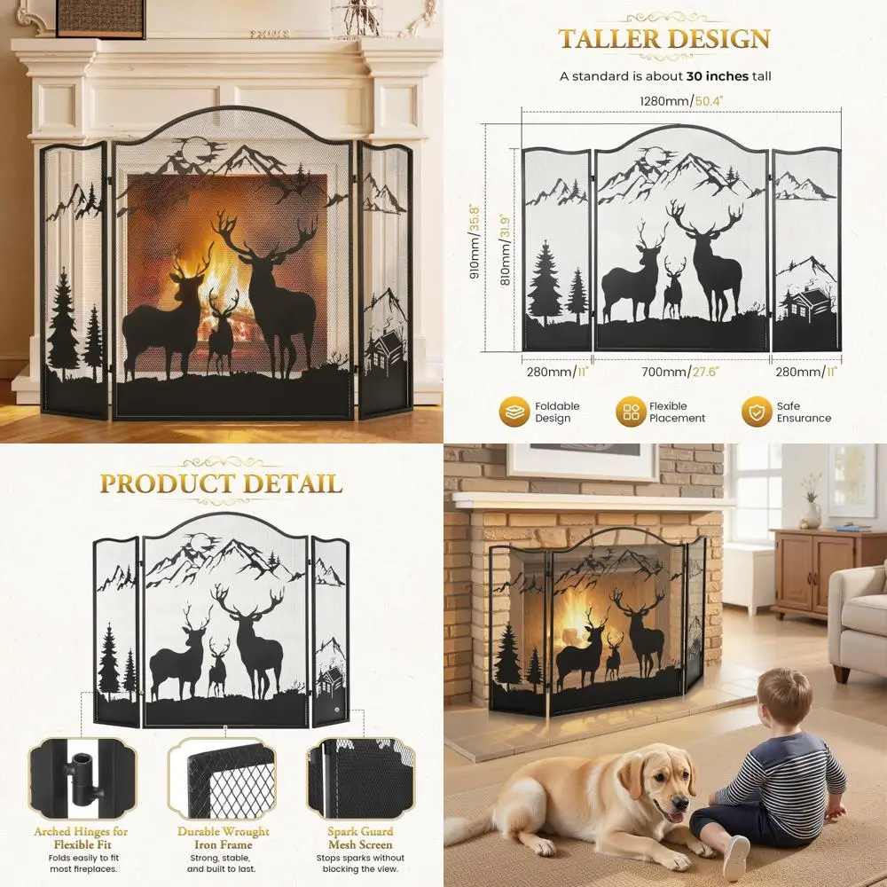 

36 Wrought Iron Fireplace Screen - 3-Panel Deer Design, Rustic Foldable Hearth Guard for Indoor/Outdoor Use