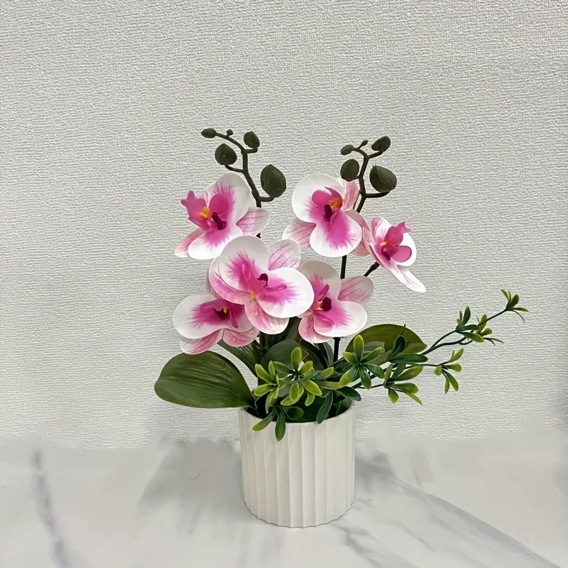 Künstlicher Orchideen-Schmetterlings-Doppelbündel mit 6-Blüten, Topfpflanzenfolie, realistisches Grün, Szenen-Setup für die Innenfotografie – Detail 12