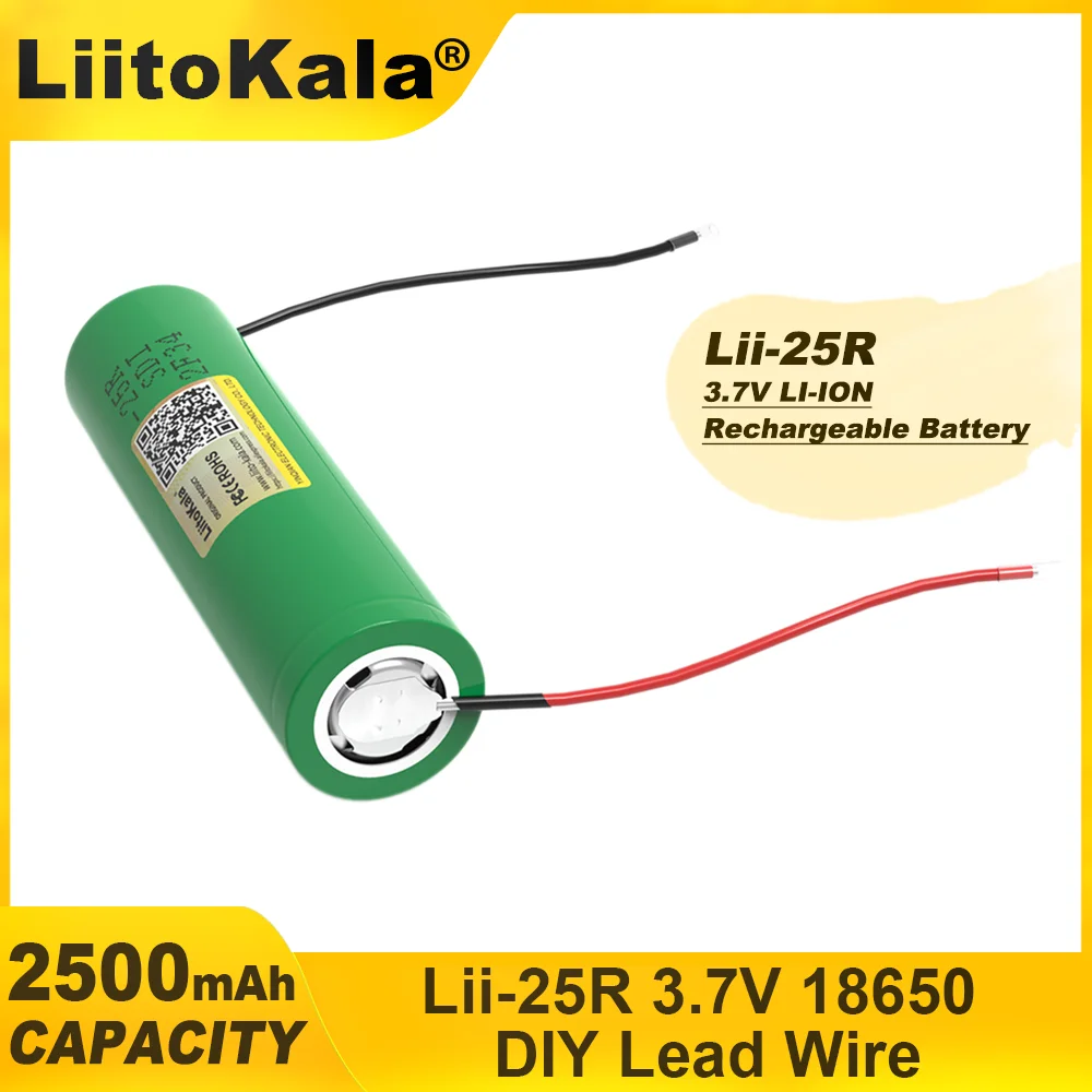 LiitoKala-rechargeable lithium battery, high capacity nickel battery, do-it-yourself, Lii-25R, 18650, 3.7 V, 2500mAh threads