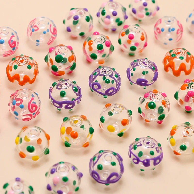 4pcs Ins Printing Glass Ball Ball Straight Hole Beads Diy Handmade Jewelry Bracelet Necklace Earring Accessories Material Charms