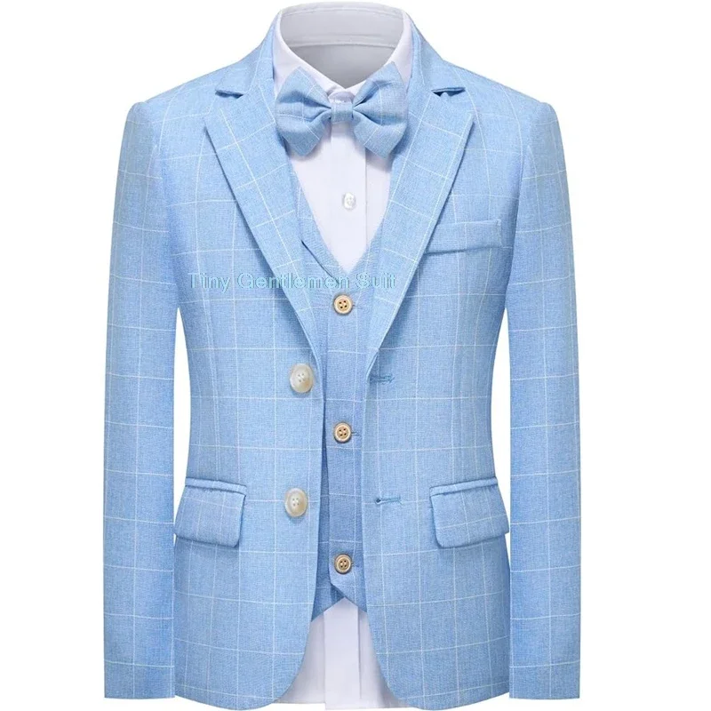 Boys Summer Blue Plaid Suit Set Child Gentleman Piano Host Performance Photography Costume Kids Blazer Pants Vest Bowtie Outfit