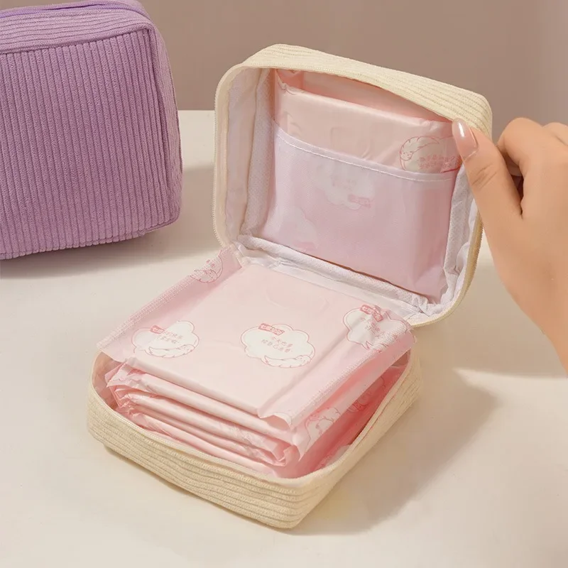 Cute Corduroy Makeup Bag For Women Portable Travel Small Cosmetic Bags Solid Color Zipper Toiletry Bag Washing Pouch Storage Bag