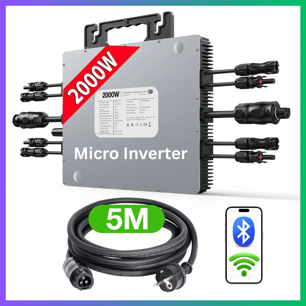 Micro Inverter Solare 2000W 230V, 4 MPPT, Monitoraggio Smart WiFi, IP67, Inverter Fotovoltaico Connesso alla Rete per Sistemi Domestici