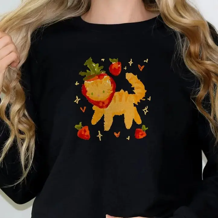 

Unisex Sweatshirt Long Sleeves Casual Hoodies Stylish Pullover Daily Wear Multiple Colors Versatile Strawberry Cute Orange Cat