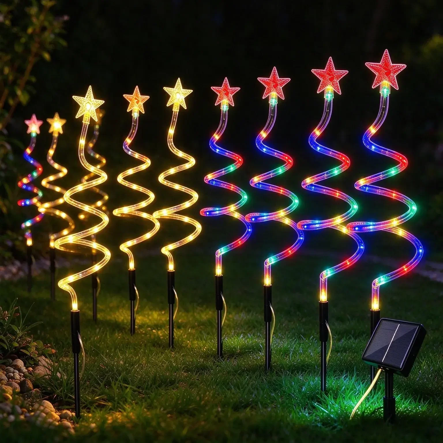 Solar LED Spiral Christmas Tree Stake Lights Waterproof 8 Modes Star Path Light for Garden Lawn Yard Patio Holiday Decoration