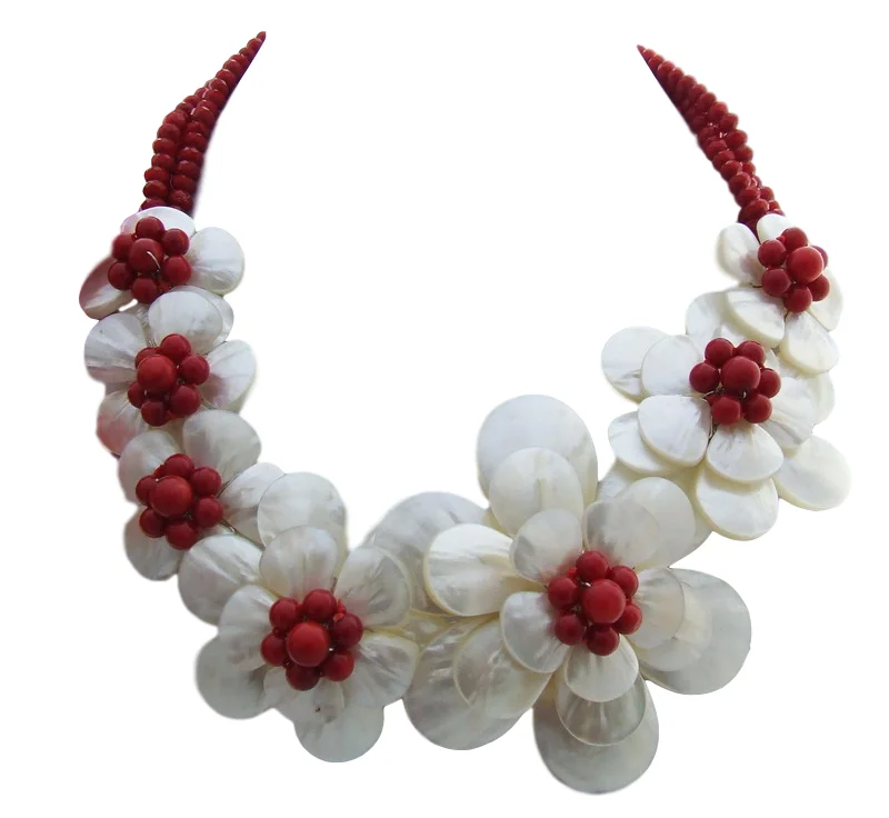 

Y·YING natural White Shell Flower Red Coral Crystal Statement Necklace 18"