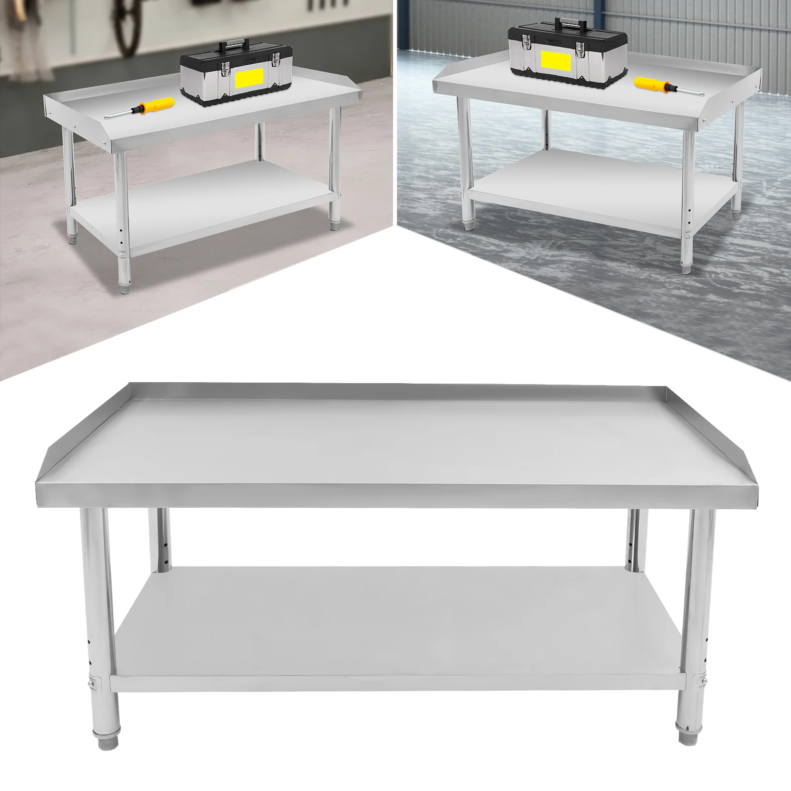 Commercial Work Table 2-TIer Kitchen Work Bench Stainless Steel Work Table with Backsplash Prep Table for Restaurant, Garage