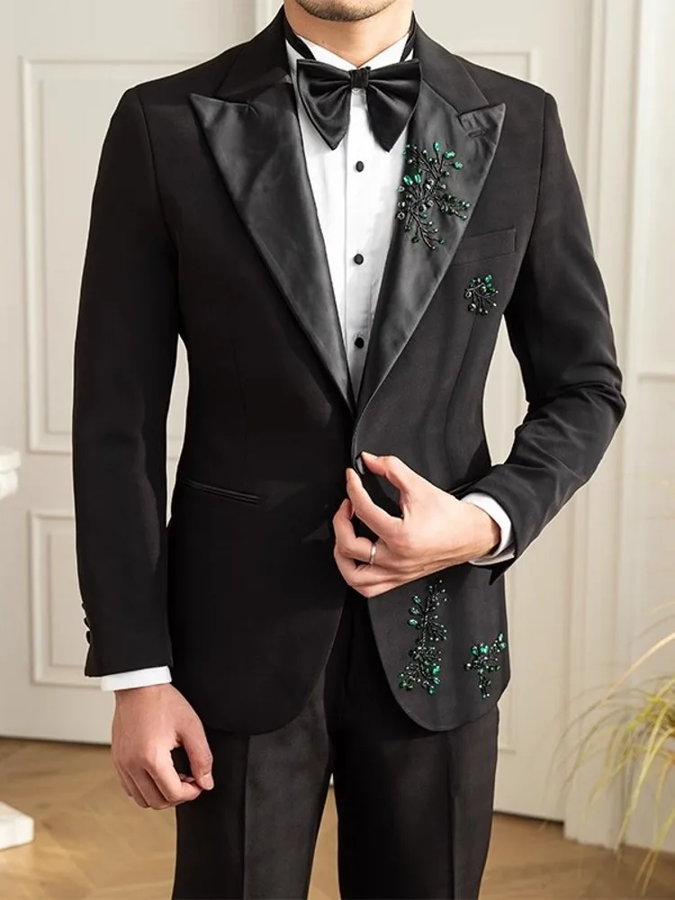 Fashion Mens Diamonds Embroidery Blazer Jacket Two Piece Set Slim Fit Stage Show Formal Suit Business Banquet Dress Suit Sets