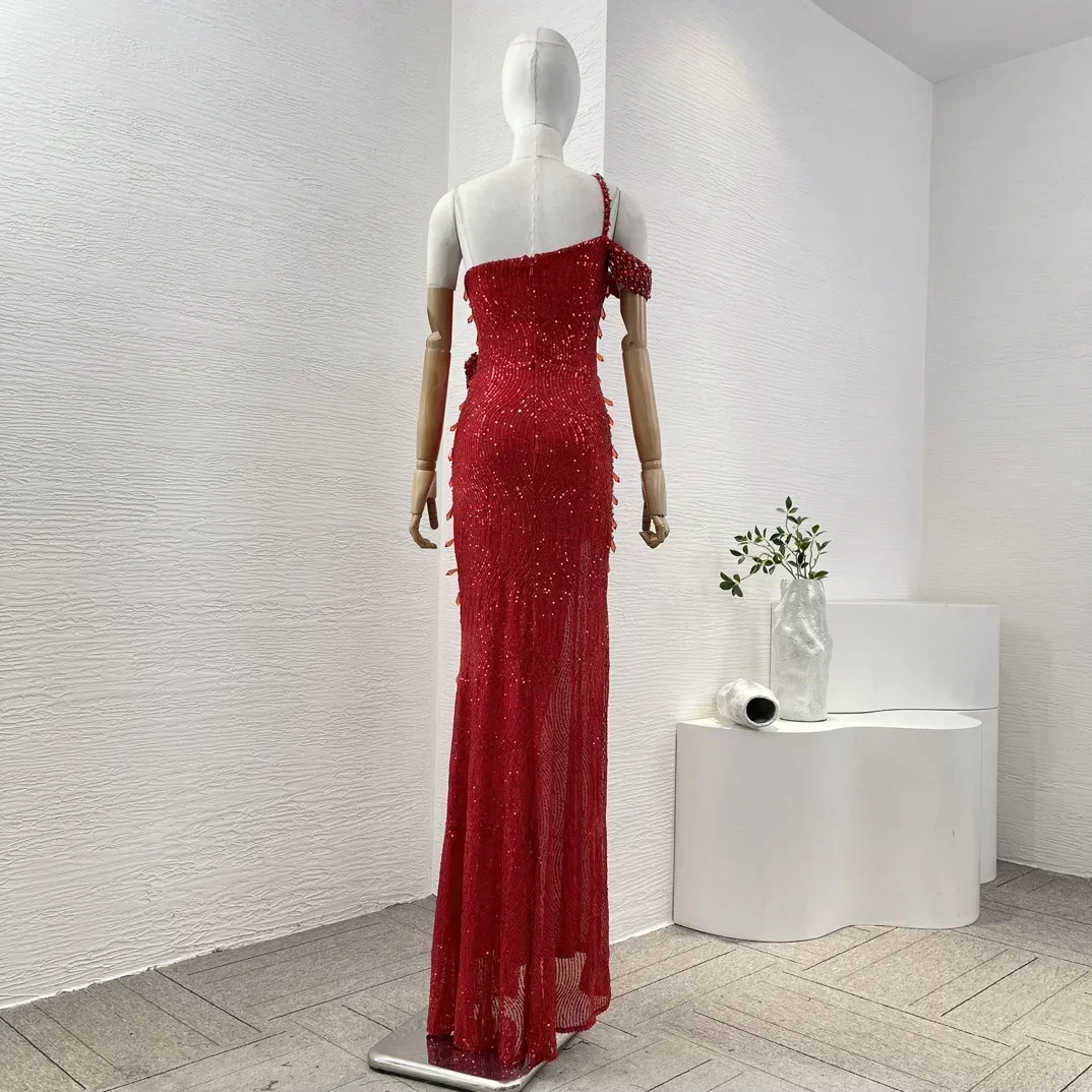 2024 Herbst Rot Cut Out One Shoulder Diamanten Pailletten Seitenschlitz Maxi Sexy Kleid für Frauen