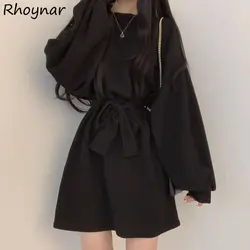 Solid Dresses Women Above Knee S-3XL Clothes Baggy Minimalist High Street Autumn French Girlish Teens Fashion Personal Sweet Ins