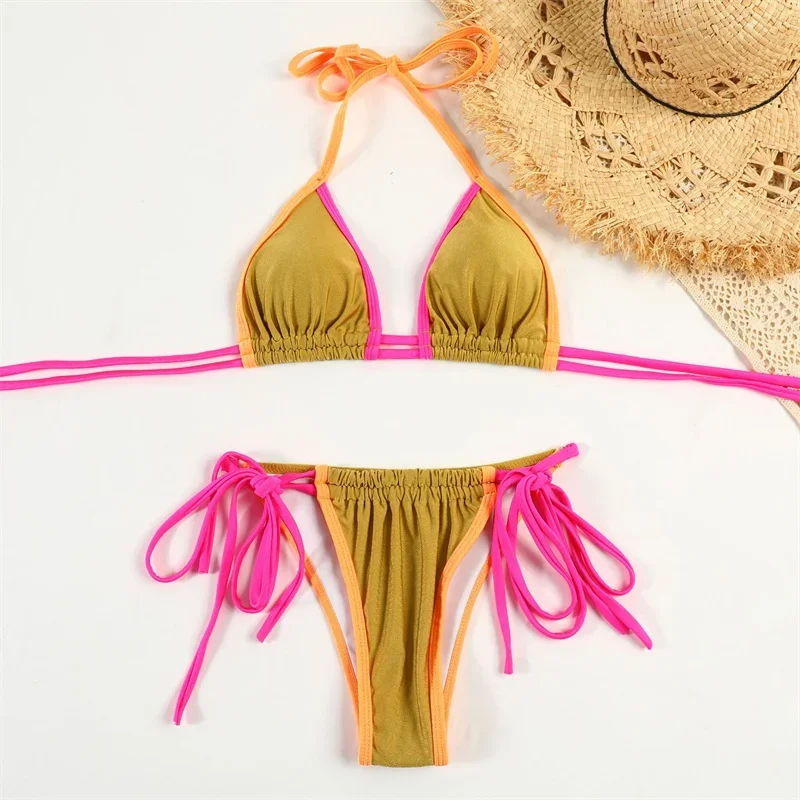 Sexy Small Thong Flower Print Bikini Sets Women Back Lace-up Swimming Bathing Suit Female Brazilian Vacation Separate Swimsuits