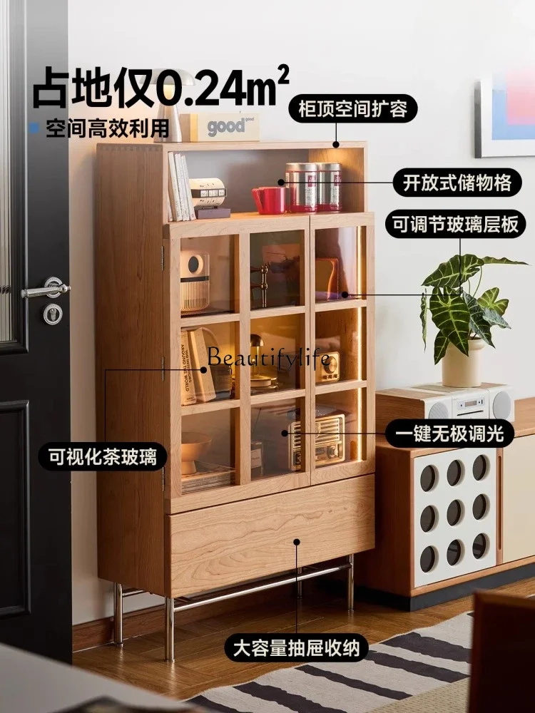 

Solid wood Japanese-style cherry wood display cabinet Living room simple glass door dust-proof bookshelf locker