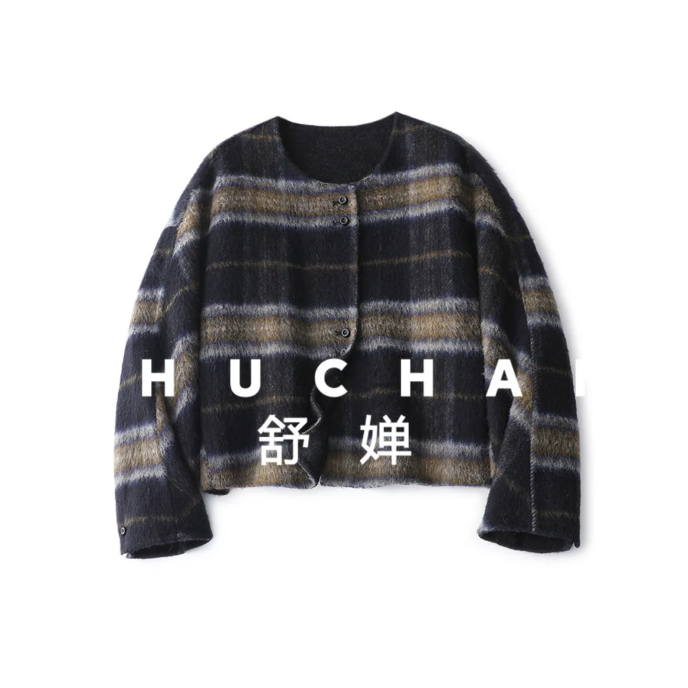 

Клетчатый двусторонний шерстяной кашемировый топ, новое зимнее короткое шерстяное пальто в стиле ретро с круглым вырезом Casacos De Inverno Feminino 2025