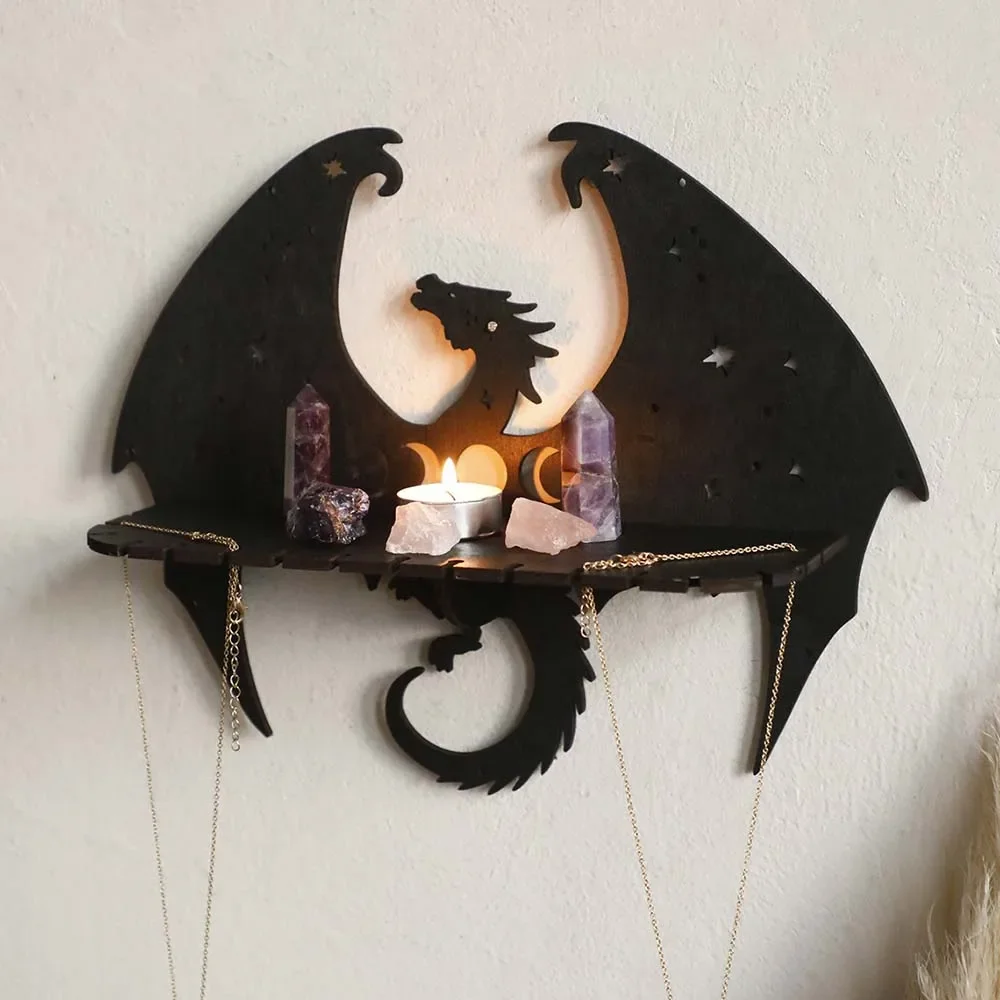 Gothic Wooden Creative Dragon Wall Shelf Home Bedroom Decor Crafts Black Crystal Display Shelf Holiday Gift