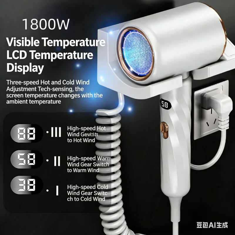 2026 Hotel Specific Hair Dryer, High-Speed Silent, Negative Ion Digital Display, No Drilling, Wall Mounted Bathroom, Toilet view 6