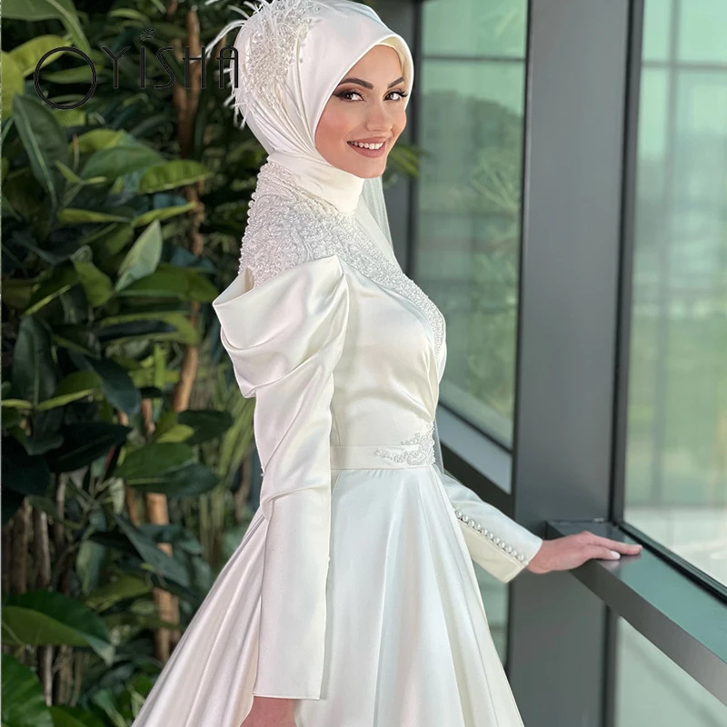 OYISHA Elegant Satin Muslim Wedding Dress Delicate Appliques Lace Pearl Bridal Gown Classic High Neck Long Sleeve Robe De Mariée