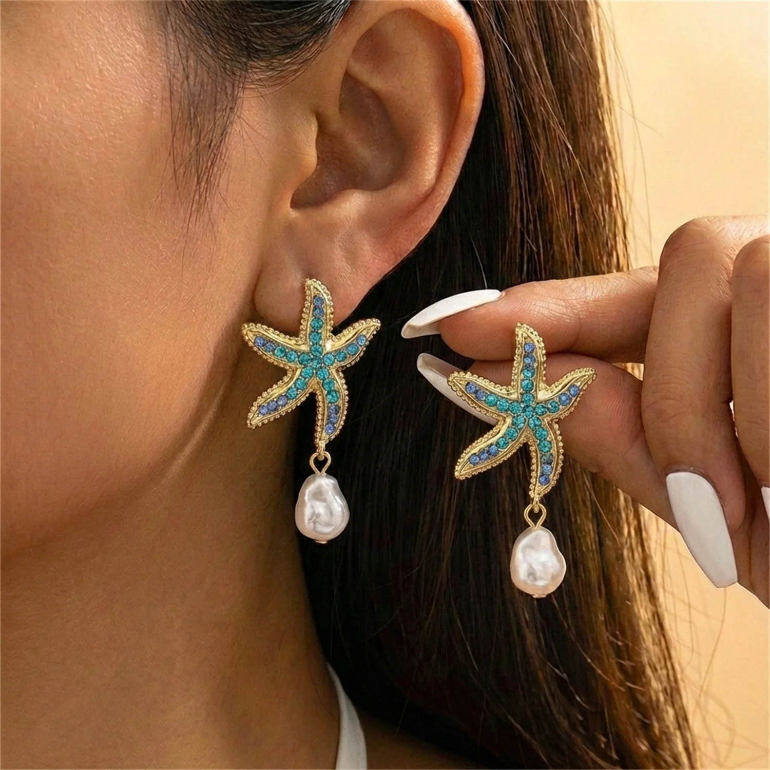 Trendige Barock-Imitationsperlen-Ohrhänger für Damen, Böhmische Blaue Strass-Seestern-Ohrstecker, Strand-Urlaubsschmuck – Detail 1