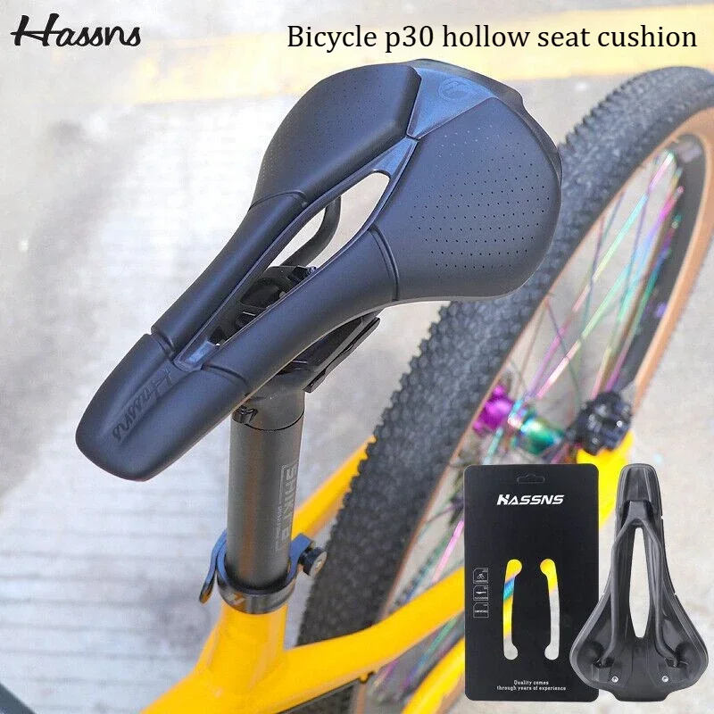 

HASSNS Men's Soft Leather MTB Road Bike Saddle Ergonomic Carbon Fiber Comfortable Hollow Breathable Racing Cycling Seat