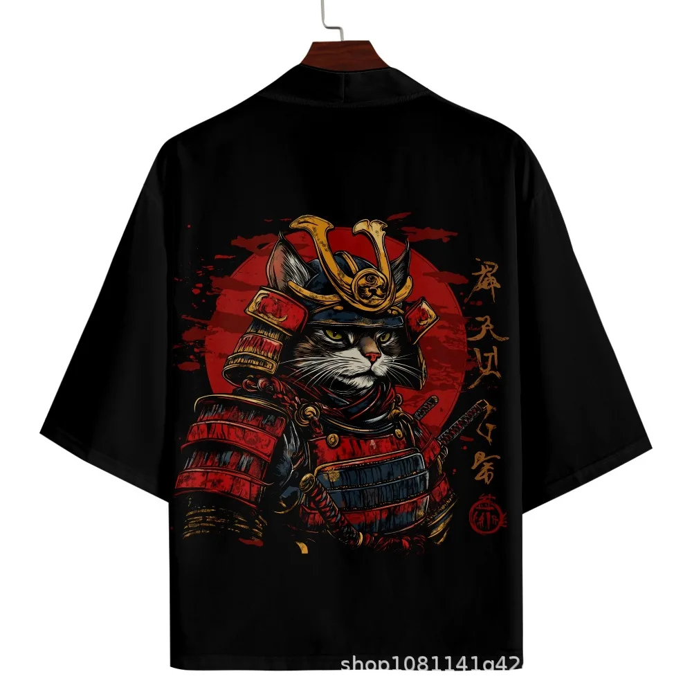 

Лето 2022, мужское кимоно с принтом кота и самурая, японское аниме Хаори, кардиган большого размера, халат для косплея, уличная одежда, топы