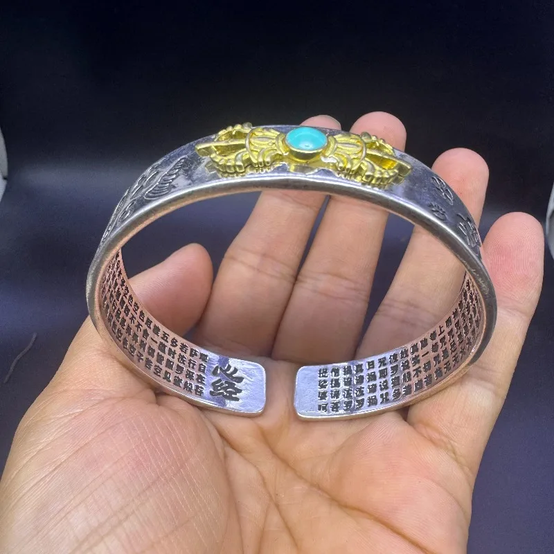 Solid Pure Silver Bangle Ancient Craft Vajra Heart Sutra Bracelet Unisex Fashion Daily Jewelry