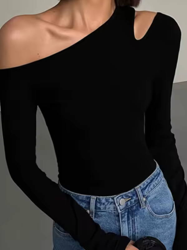 Fashion Skew Collar Off-shoulder Long-sleeved T-shirts Women Spring New Solid Slim Fit Crop Top Sexy Hollow Out Tees Shirts - Image 5