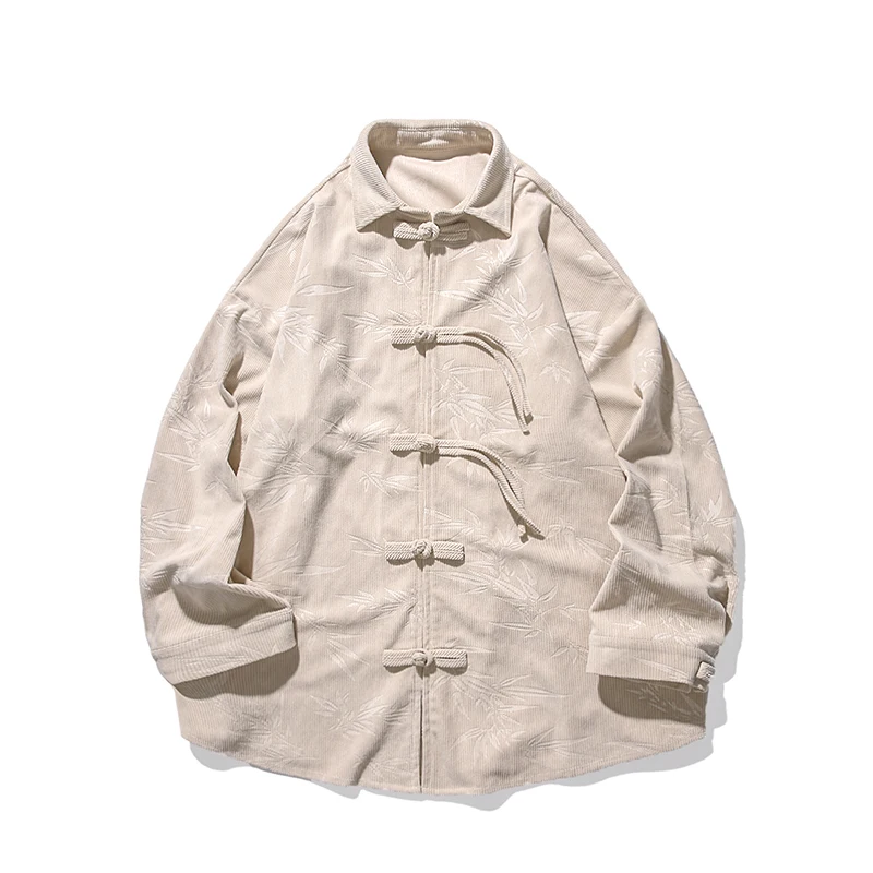 Men Chinese Style Corduroy Shirt Men Frog Button Bamboo Print Shirt Men Traditional Stand Collar Shirt Male Vintage Hanfu Tops