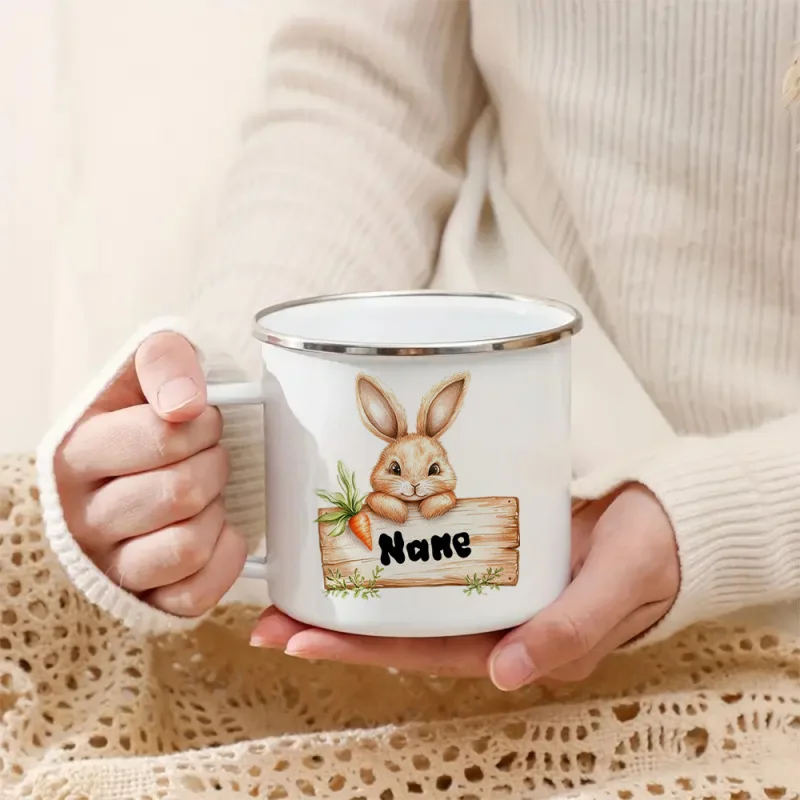 Personalized Enamel Cup - Custom Name - Little Rabbit Holding Sign Design - Birthday Christmas Gift - Interesting Enamel Cup