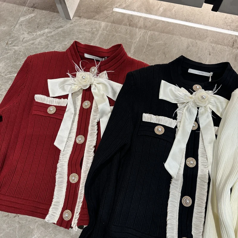 

Sweet Knot Long Sleeve Knitted Open Cardigan Red Sweater Outerwear Pure Desire Top Small Fragrance Style Spring New