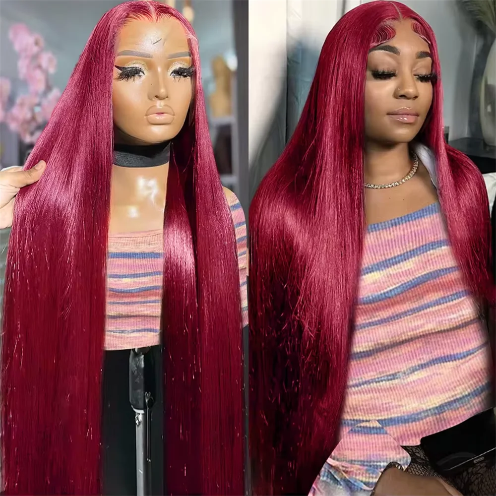 200 Density 99j Burgundy 13x4 13x6 Full Frontal Lace Preplucked Colored Straight Frontal Wig HD Transparent Lace Human Hair Wigs