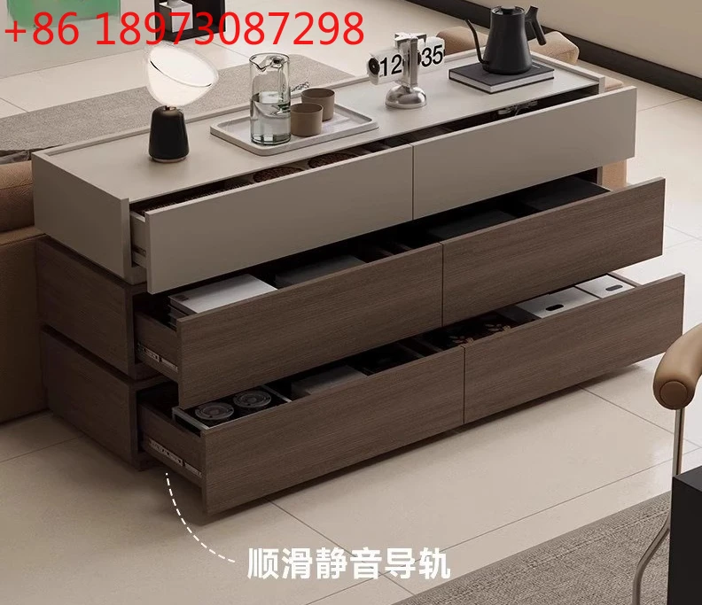 

The living room is integrated against the wall, a modern and simple solid wood side storage cabinet