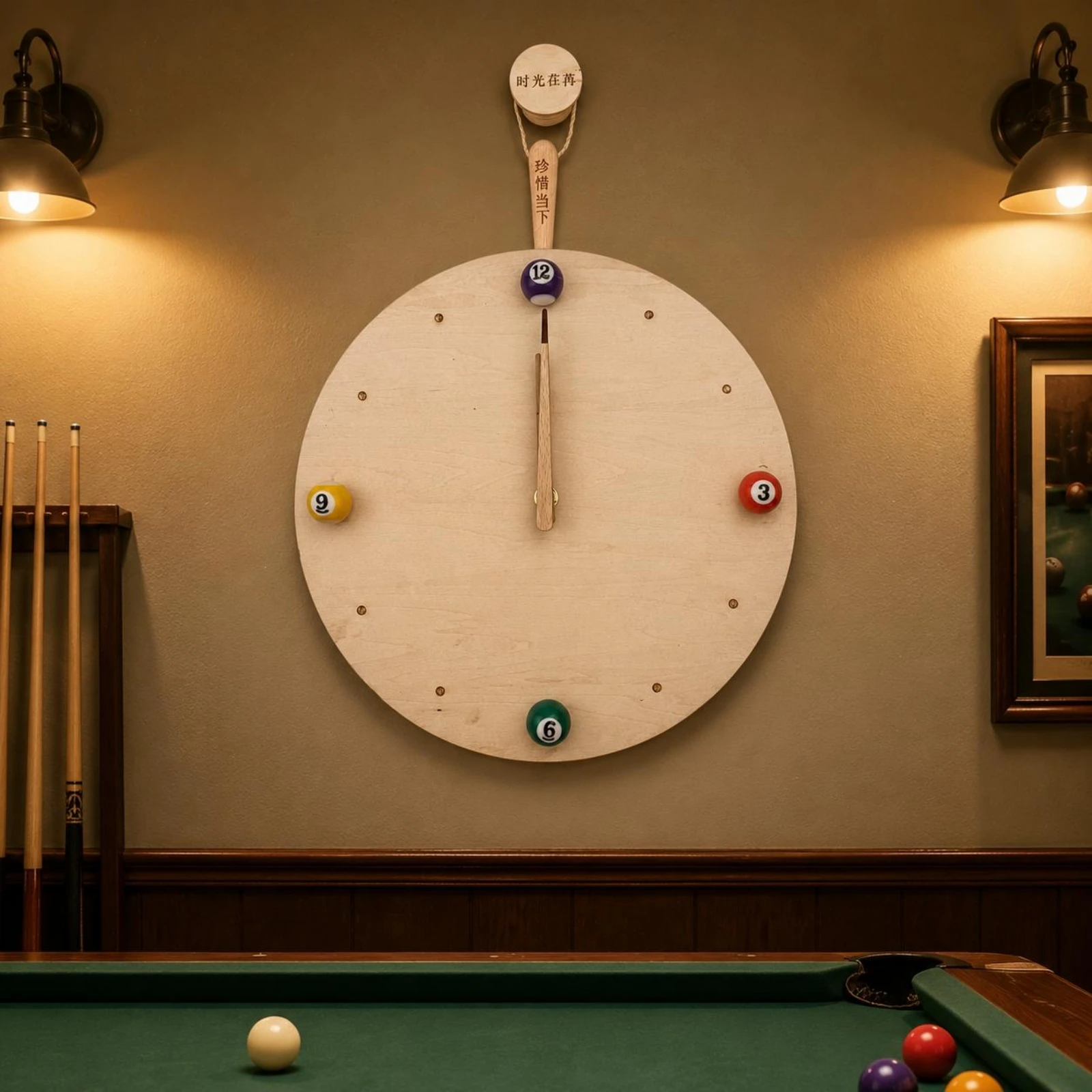 Wooden Billiard Timepiece Natural Wood Finish Billiard Wall Timepiece