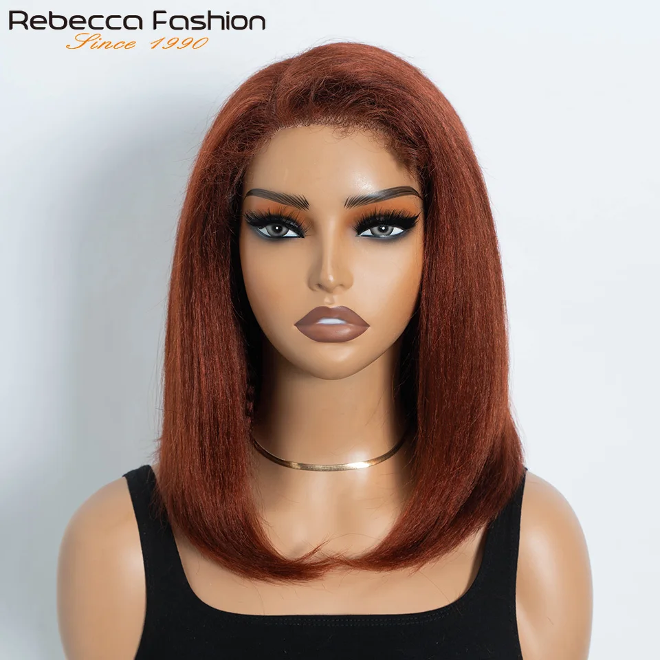 Reddish Brown 14inches Kinky Straight Bob Side Part Human Hair Lace Wig Natural Hairline Wig Natural Black Color Glueless Wigs