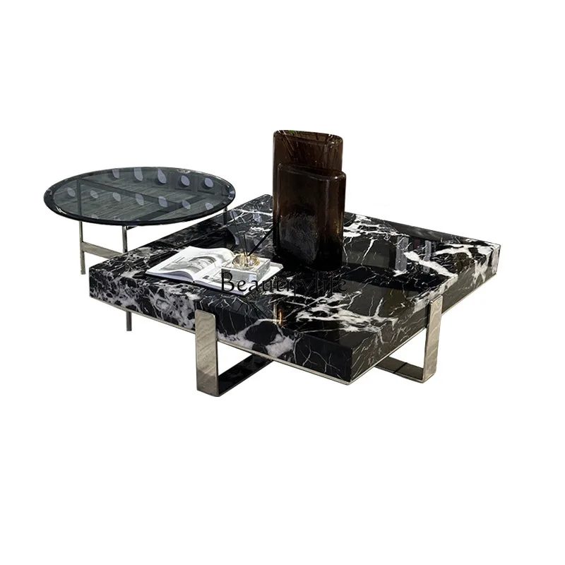 

Light luxury living room household marble square coffee table glass edge table combination