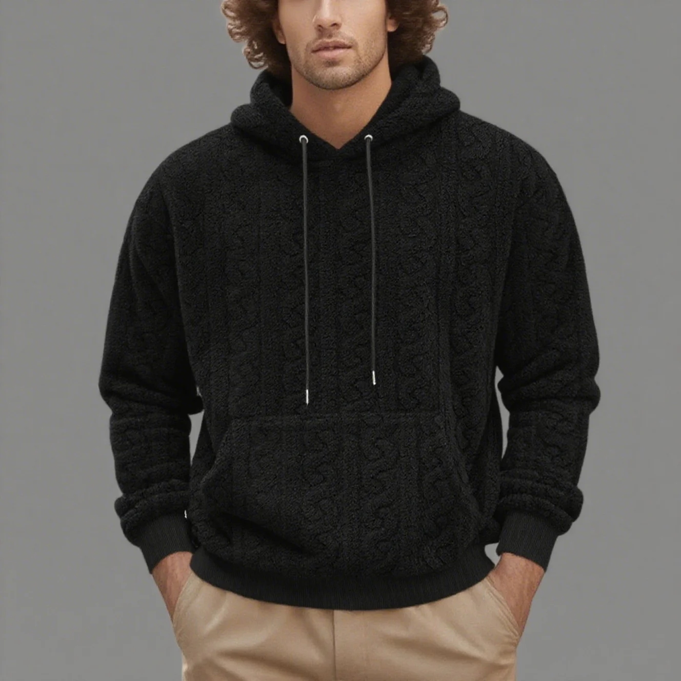 Grenzüberschreitender Herbst- und Winter-Freizeitpullover mit Kapuze, Herren-Fleece-Pullover mit hohem Grammgewicht, High-Street-Jacquard-Pullover