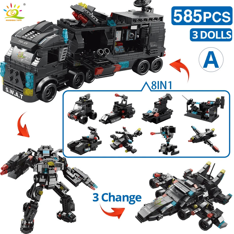 HUIQIBAO 454-695PCS 8in1 SWAT Police Command Truck Building Blocks City Helicopter Bricks Kit Educational Toys for Children