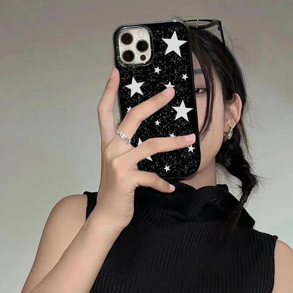 

For iPhone 15 14 13 Pro Max 11 12 Mini XR Max X 7 8 Plus SE Y2K Shockproof Soft Cover Cool Stars Gloss Black Stylish Phone Case