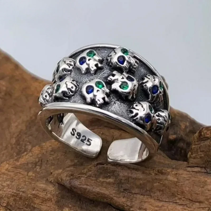 

New S925 Silver Jewelry Retro Personalized Fashion Inlaid With Teal Zircon Three-Dimensional Skull Ring for Men and Wommen